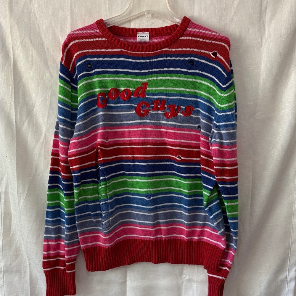 Colorful Striped Sweater with 'Good Guys' Text